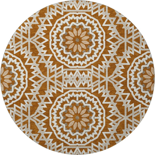 HomeRoots 8' Chili Red Geometric Round Rug - Washable, UV Protected, Stain Resistant for Modern Living Spaces 652278