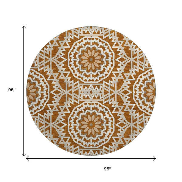 HomeRoots 8' Chili Red Geometric Round Rug - Washable, UV Protected, Stain Resistant for Modern Living Spaces 652278
