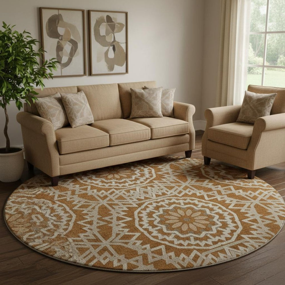 HomeRoots 8' Chili Red Geometric Round Rug - Washable, UV Protected, Stain Resistant for Modern Living Spaces 652278