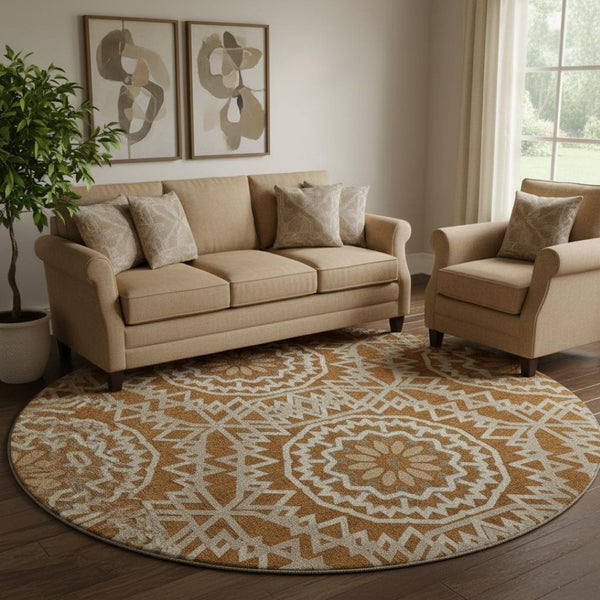 HomeRoots 8' Chili Red Geometric Round Rug - Washable, UV Protected, Stain Resistant for Modern Living Spaces 652278