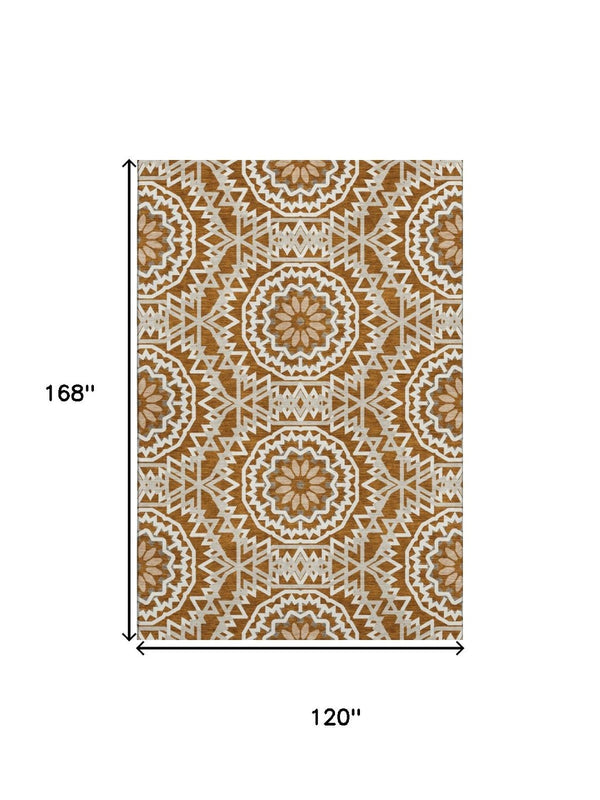 HomeRoots 10' Chili Red & Ivory Geometric Washable Area Rug - Durable, UV-Protected, Modern Design for Homes 652281