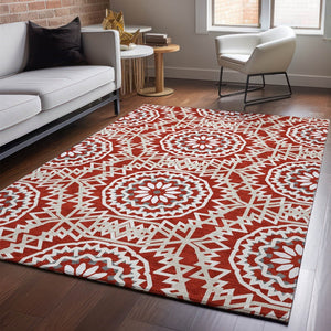 HomeRoots 5' X 8' Red and Ivory Geometric Area Rug – Washable, UV-Protected, Stylish for Homes with Kids & Pets 652283