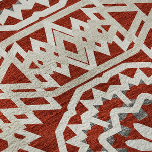 HomeRoots 5' X 8' Red and Ivory Geometric Area Rug – Washable, UV-Protected, Stylish for Homes with Kids & Pets 652283