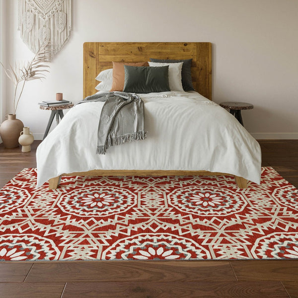 HomeRoots 5' X 8' Red and Ivory Geometric Area Rug – Washable, UV-Protected, Stylish for Homes with Kids & Pets 652283