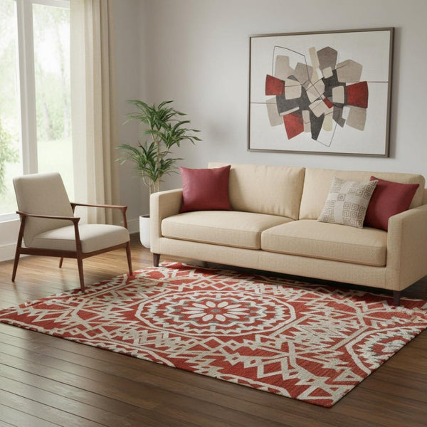 HomeRoots 5' X 8' Red and Ivory Geometric Area Rug – Washable, UV-Protected, Stylish for Homes with Kids & Pets 652283