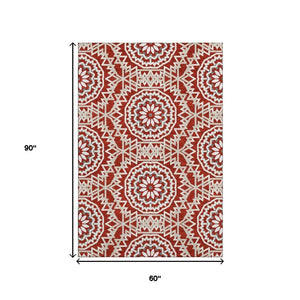 HomeRoots 5' X 8' Red and Ivory Geometric Area Rug – Washable, UV-Protected, Stylish for Homes with Kids & Pets 652283