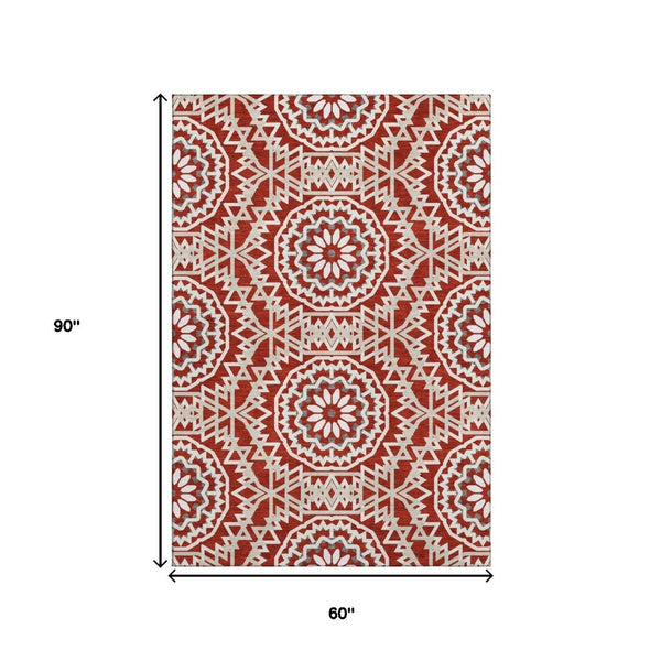 HomeRoots 5' X 8' Red and Ivory Geometric Area Rug – Washable, UV-Protected, Stylish for Homes with Kids & Pets 652283