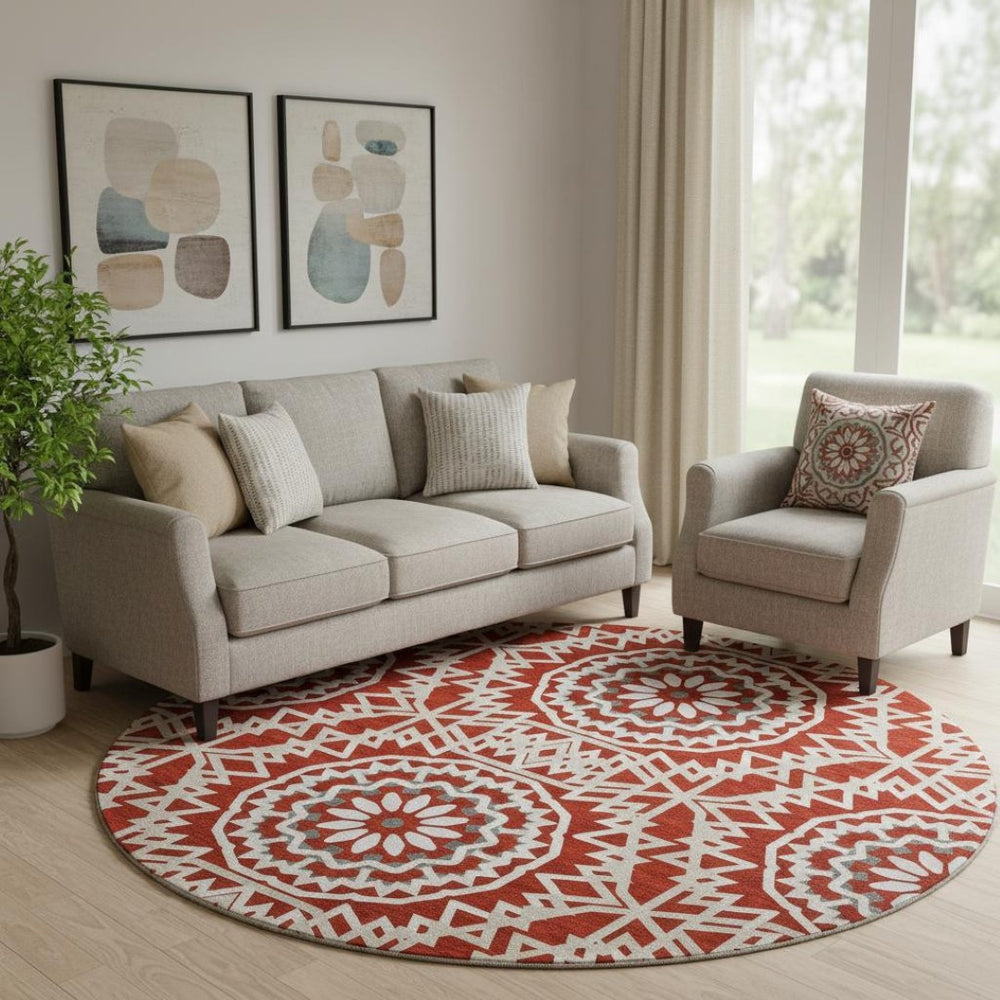 HomeRoots 8' Red And Ivory Geometric Washable Round Rug - Stylish, Durable, UV-Protected for Busy Homes! 652284