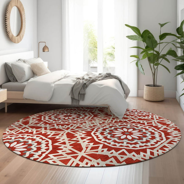 HomeRoots 8' Red And Ivory Geometric Washable Round Rug - Stylish, Durable, UV-Protected for Busy Homes! 652284