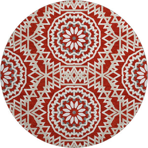 HomeRoots 8' Red And Ivory Geometric Washable Round Rug - Stylish, Durable, UV-Protected for Busy Homes! 652284