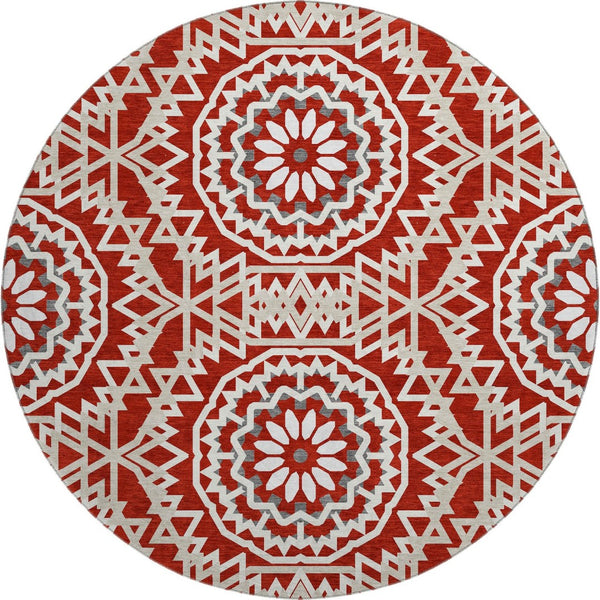HomeRoots 8' Red And Ivory Geometric Washable Round Rug - Stylish, Durable, UV-Protected for Busy Homes! 652284