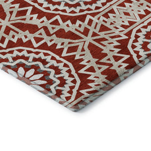 HomeRoots 8' Red And Ivory Geometric Washable Round Rug - Stylish, Durable, UV-Protected for Busy Homes! 652284
