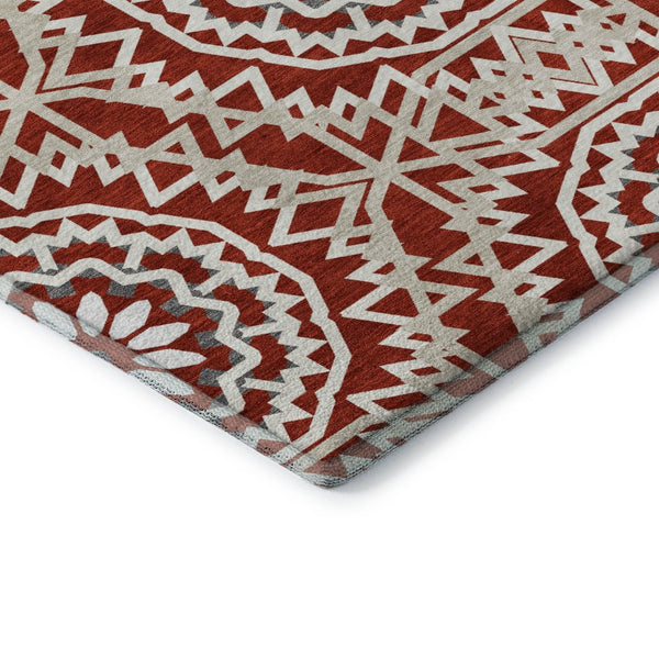 HomeRoots 8' Red And Ivory Geometric Washable Round Rug - Stylish, Durable, UV-Protected for Busy Homes! 652284