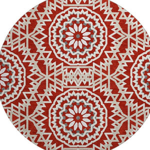 HomeRoots 8' Red And Ivory Geometric Washable Round Rug - Stylish, Durable, UV-Protected for Busy Homes! 652284