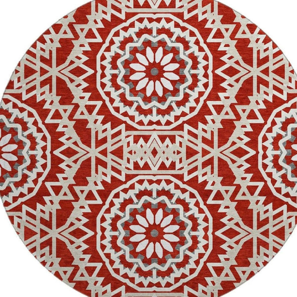HomeRoots 8' Red And Ivory Geometric Washable Round Rug - Stylish, Durable, UV-Protected for Busy Homes! 652284