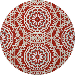 HomeRoots 8' Red And Ivory Geometric Washable Round Rug - Stylish, Durable, UV-Protected for Busy Homes! 652284