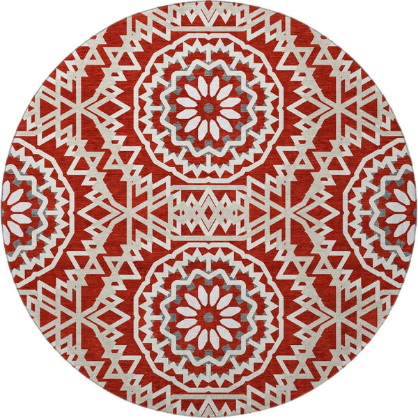 HomeRoots 8' Red And Ivory Geometric Washable Round Rug - Stylish, Durable, UV-Protected for Busy Homes! 652284