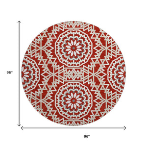 HomeRoots 8' Red And Ivory Geometric Washable Round Rug - Stylish, Durable, UV-Protected for Busy Homes! 652284