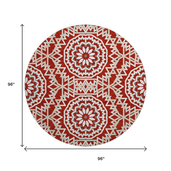 HomeRoots 8' Red And Ivory Geometric Washable Round Rug - Stylish, Durable, UV-Protected for Busy Homes! 652284