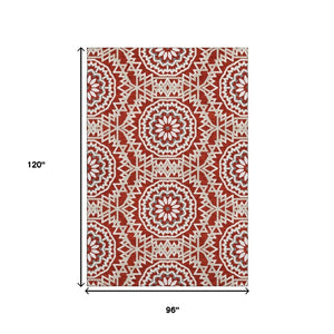 HomeRoots 8' X 10' Stunning Red and Ivory Geometric Washable Area Rug with UV Protection for Any Space 652285