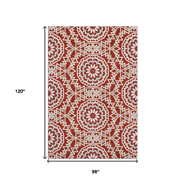 HomeRoots 8' X 10' Stunning Red and Ivory Geometric Washable Area Rug with UV Protection for Any Space 652285