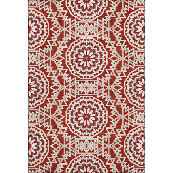 HomeRoots 8' X 10' Stunning Red and Ivory Geometric Washable Area Rug with UV Protection for Any Space 652285