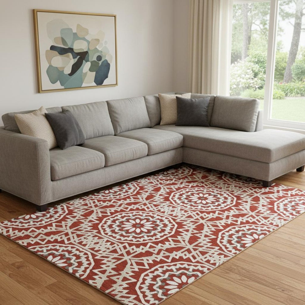 HomeRoots 8' X 10' Stunning Red and Ivory Geometric Washable Area Rug with UV Protection for Any Space 652285