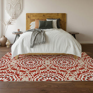 HomeRoots 8' X 10' Stunning Red and Ivory Geometric Washable Area Rug with UV Protection for Any Space 652285