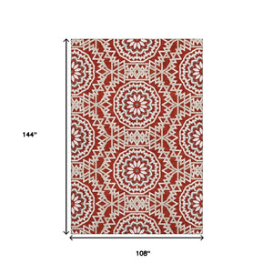 HomeRoots 9' X 12' Red and Ivory Geometric Area Rug - Stylish, Washable, Stain-Resistant with UV Protection! 652286