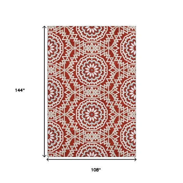 HomeRoots 9' X 12' Red and Ivory Geometric Area Rug - Stylish, Washable, Stain-Resistant with UV Protection! 652286