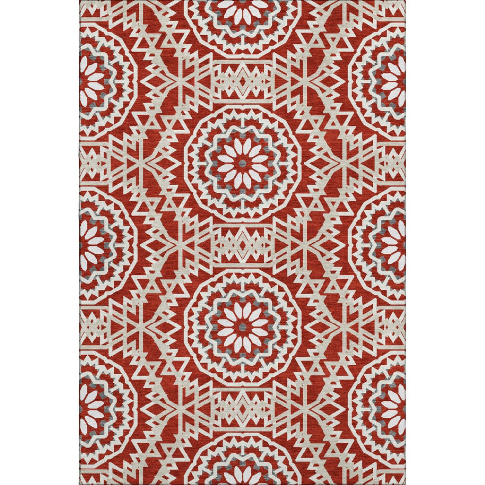 HomeRoots 9' X 12' Red and Ivory Geometric Area Rug - Stylish, Washable, Stain-Resistant with UV Protection! 652286