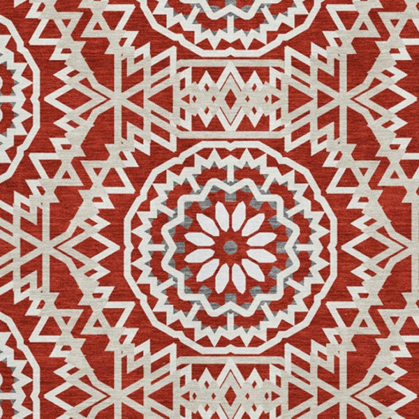 HomeRoots 9' X 12' Red and Ivory Geometric Area Rug - Stylish, Washable, Stain-Resistant with UV Protection! 652286