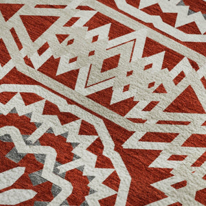 HomeRoots 9' X 12' Red and Ivory Geometric Area Rug - Stylish, Washable, Stain-Resistant with UV Protection! 652286
