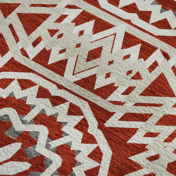 HomeRoots 9' X 12' Red and Ivory Geometric Area Rug - Stylish, Washable, Stain-Resistant with UV Protection! 652286