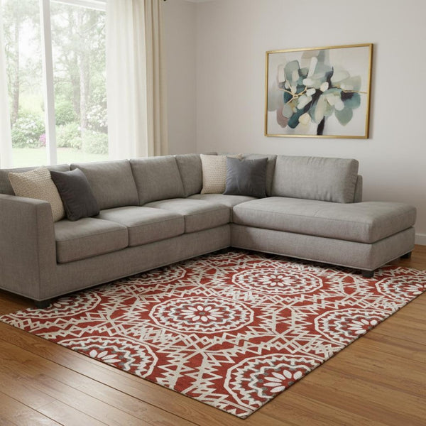 HomeRoots 9' X 12' Red and Ivory Geometric Area Rug - Stylish, Washable, Stain-Resistant with UV Protection! 652286