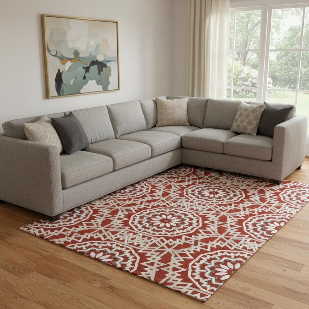 HomeRoots 10' X 14' Red and Ivory Geometric Area Rug - Washable, UV Protected & Perfect for Busy Homes 652287