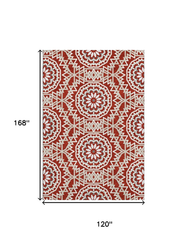 HomeRoots 10' X 14' Red and Ivory Geometric Area Rug - Washable, UV Protected & Perfect for Busy Homes 652287