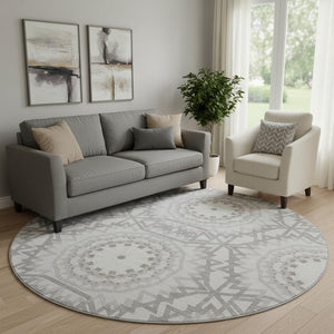 HomeRoots 8' Stylish Silver and Gray Geometric Washable Round Rug with UV Protection for Modern Homes 652290