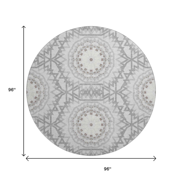 HomeRoots 8' Stylish Silver and Gray Geometric Washable Round Rug with UV Protection for Modern Homes 652290
