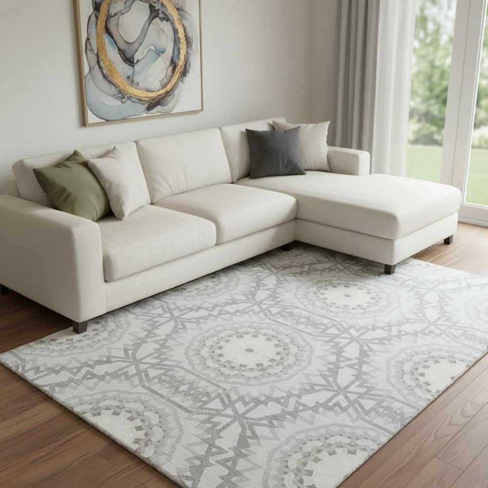HomeRoots 8' X 10' Stylish Silver and Gray Geometric Washable Area Rug with UV Protection for Family Homes 652291