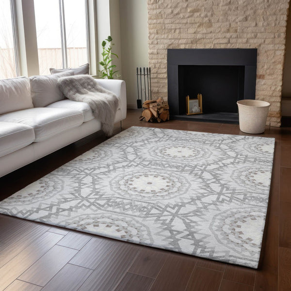 HomeRoots 8' X 10' Stylish Silver and Gray Geometric Washable Area Rug with UV Protection for Family Homes 652291