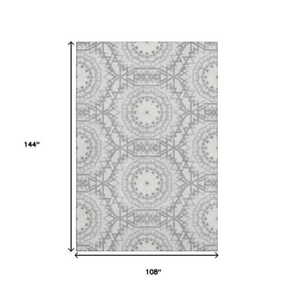 HomeRoots 9' X 12' Silver and Gray Geometric Washable Area Rug - Stylish, Durable, UV-Protected for High-Traffic Spaces 652292