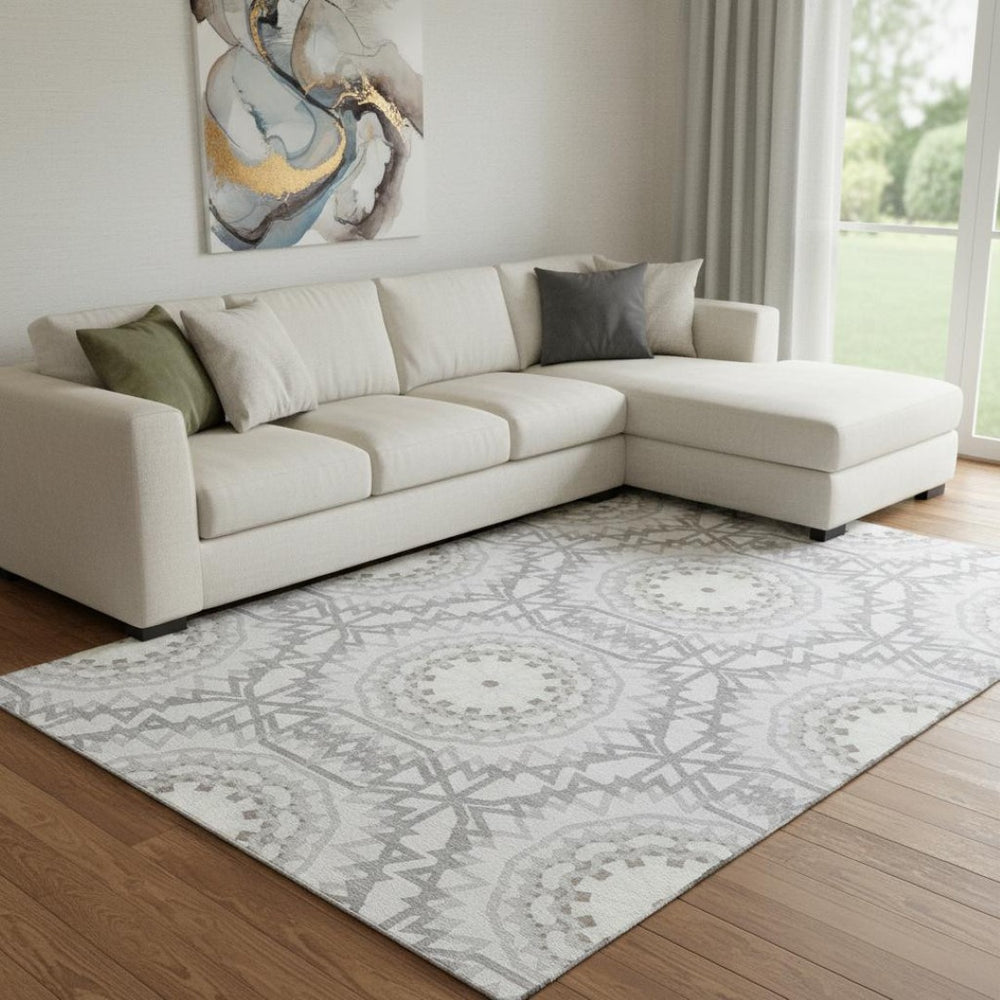HomeRoots 10' X 14' Modern Silver & Gray Geometric Area Rug - Washable, UV Protected & Perfect for Busy Homes 652293