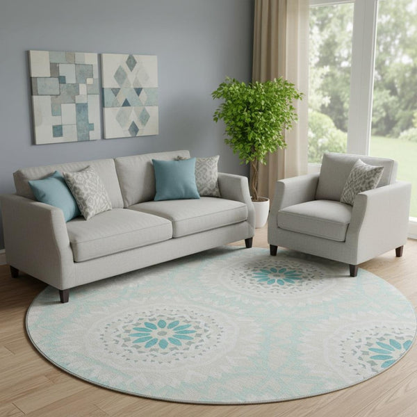 HomeRoots 8' Teal and Ivory Geometric Round Rug – Washable, UV Protected, Stylish & Durable for Any Room 652296