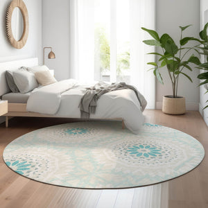 HomeRoots 8' Teal and Ivory Geometric Round Rug – Washable, UV Protected, Stylish & Durable for Any Room 652296