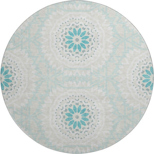 HomeRoots 8' Teal and Ivory Geometric Round Rug – Washable, UV Protected, Stylish & Durable for Any Room 652296