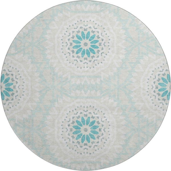 HomeRoots 8' Teal and Ivory Geometric Round Rug – Washable, UV Protected, Stylish & Durable for Any Room 652296
