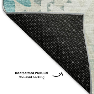 HomeRoots 8' Teal and Ivory Geometric Round Rug – Washable, UV Protected, Stylish & Durable for Any Room 652296