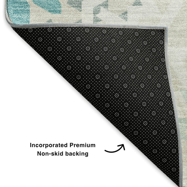 HomeRoots 8' Teal and Ivory Geometric Round Rug – Washable, UV Protected, Stylish & Durable for Any Room 652296