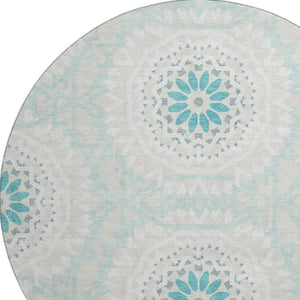 HomeRoots 8' Teal and Ivory Geometric Round Rug – Washable, UV Protected, Stylish & Durable for Any Room 652296